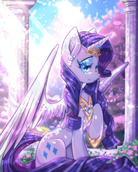 Size: 576x720 | Tagged: safe, artist:natures_love, imported from derpibooru, rarity, alicorn, pony, alicornified, female, mare, outdoors, race swap, raised hoof, raricorn, solo, wings