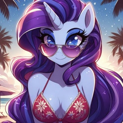 Size: 1024x1024 | Tagged: safe, imported from derpibooru, rarity, anthro, ai content, ai generated, aviator sunglasses, beach, bikini, bikini top, breasts, cleavage, clothes, cloud, generator:dall-e 3, looking at you, ocean, palm tree, prompter:glimmy-glam, smiling, solo, stars, sunglasses, swimsuit, tree, water