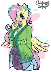 Size: 744x1052 | Tagged: safe, artist:chiefywiffy, imported from derpibooru, fluttershy, anthro, pegasus, breasts, busty fluttershy, clothes, cute, dress, female, kebaya, mare, shyabetes, simple background, solo, white background, wings