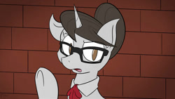 Size: 622x350 | Tagged: artist needed, source needed, safe, imported from derpibooru, raven, pony, unicorn, cute, female, glasses, hair bun, horn, looking at someone, mare, necktie, raised hoof, ravenbetes, solo, wall