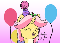 Size: 1259x898 | Tagged: safe, artist:craftycirclepony, imported from derpibooru, oc, oc only, oc:crafty circles, unicorn, balloon, bust, cute, eyes closed, female, filly, foal, freckles, gradient background, happy, hat, horn, laughing, open mouth, party hat, solo