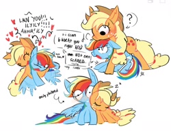 Size: 1592x1216 | Tagged: safe, artist:appledash3r_, imported from derpibooru, applejack, rainbow dash, earth pony, pegasus, pony, appledash, applejack's hat, arrow, blushing, cowboy hat, dialogue, duo, duo female, emanata, eye clipping through hair, eyes closed, female, flustered, hairband, hat, heart, hug, lesbian, mare, onomatopoeia, question mark, scared, shipping, simple background, sleeping, sound effects, speech bubble, sweat, white background, zzz