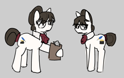 Size: 1926x1213 | Tagged: safe, artist:gorepup, imported from derpibooru, raven, writing desk, earth pony, pony, unicorn, clipboard, cute, duo, duo female, female, glasses, gray background, hair bun, horn, ravenbetes, sad, simple background, tired