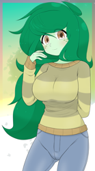 Size: 1895x3399 | Tagged: safe, artist:batipin, imported from derpibooru, wallflower blush, human, equestria girls, breasts, busty wallflower blush, clothes, cute, female, flowerbetes, freckles, solo, striped sweater, sweater