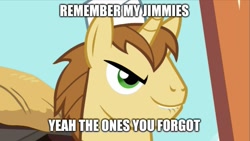Size: 1021x574 | Tagged: safe, edit, edited screencap, imported from derpibooru, screencap, donut joe, pony, unicorn, mmmystery on the friendship express, caption, horn, image macro, jimmies, meme, solo, text