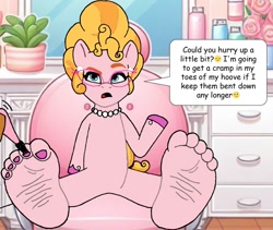 Size: 1629x1377 | Tagged: safe, artist:feets-and-paws, imported from derpibooru, earth pony, pony, reverse satyr, detailed background, dialogue, feet, female, fetish, foot fetish, g5, glasses, pedicure, phyllis cloverleaf, solo, text