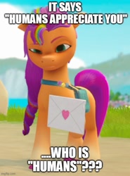 Size: 500x676 | Tagged: safe, edit, imported from derpibooru, sunny starscout, earth pony, pony, spoiler:g5, 3d, braid, caption, confused, confusion, g5, heart, image macro, imgflip, letter, looking down, mane stripe sunny, meme, multicolored hair, my little pony: a zephyr heights mystery, rainbow hair, text, thinking, video game