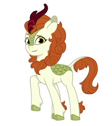 Size: 640x725 | Tagged: safe, artist:jazzhooves, imported from derpibooru, autumn blaze, kirin, pony, female, g4 to g5, g5, generation leap, raised hoof, simple background, smiling, solo, white background