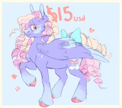 Size: 1700x1500 | Tagged: safe, artist:abbytabbys, imported from derpibooru, oc, oc only, pegasus, pony, adoptable, blue background, blushing, body freckles, border, bow, coat markings, colored eyebrows, colored eyelashes, colored hooves, colored pinnae, colored wings, colored wingtips, curly mane, curly tail, facial markings, folded wings, freckles, heart, heart mark, large wings, lidded eyes, long mane, long tail, looking back, pegasus oc, pink eyelashes, pink eyes, pink hooves, pink mane, pink text, profile, purple coat, raised hoof, ringlets, shiny hooves, simple background, snip (coat marking), socks (coat markings), solo, splotches, standing, tail, tail bow, tall ears, text, two toned wings, unshorn fetlocks, wings