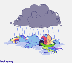 Size: 2048x1781 | Tagged: safe, artist:bishopony, imported from derpibooru, part of a set, rainbow dash, pegasus, pony, arms spread out, blue coat, cloud, colored, female, gray background, headphones, listening to music, long mane, long tail, lying down, mare, multicolored hair, multicolored mane, multicolored tail, on back, rainbow hair, rainbow tail, raincloud, sad, sadbow dash, signature, simple background, solo, tail, wet, wet mane, wet tail