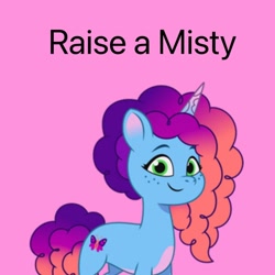 Size: 640x640 | Tagged: safe, artist:alyssalynn112, imported from derpibooru, pony, unicorn, coat markings, female, freckles, g5, horn, looking at you, misty brightdawn, pink background, raise a floppa, rebirth misty, roblox, simple background, smiling, solo