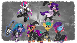 Size: 7680x4320 | Tagged: safe, artist:jubyskylines, imported from derpibooru, hitch trailblazer, izzy moonbow, pipp petals, sunny starscout, zipp storm, g5, guitar, misty brightdawn, musical instrument, my chemical romance