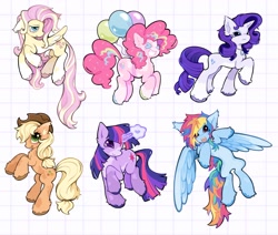 Size: 2048x1737 | Tagged: safe, artist:toycasino, imported from derpibooru, applejack, fluttershy, pinkie pie, rainbow dash, rarity, twilight sparkle, earth pony, pegasus, pony, unicorn, ><, alternate design, alternate hairstyle, alternate mane color, alternate tail color, alternate tailstyle, applejack's hat, bags under eyes, balloon, big eyes, blaze (coat marking), blonde mane, blonde tail, blue coat, blue eyes, blue hooves, blush scribble, blushing, bouncing, brown hooves, chest fluff, coat markings, colored, colored belly, colored ear fluff, colored eartips, colored hooves, colored wings, colored wingtips, cowboy hat, curly mane, curly tail, cute, dashabetes, diapinkes, ear fluff, ear tufts, eyelashes, eyes closed, eyeshadow, facial markings, fangs, floppy ears, flying, frown, glowing, glowing horn, gray coat, green eyes, group, hat, hooves, horn, impossibly long tail, in air, jackabetes, jewelry, large wings, leg fluff, lidded eyes, long mane, long tail, looking up, magic, makeup, mane six, mane six redesign, mealy mouth (coat marking), messy mane, messy tail, multicolored hair, multicolored hooves, multicolored mane, multicolored tail, narrowed eyes, necklace, open mouth, open smile, orange coat, pale belly, partially open wings, patterned background, pendant, pink coat, pink eyes, pink hooves, pink mane, pink tail, ponytail, profile, purple blush, purple coat, purple eyes, purple hooves, purple mane, purple tail, rainbow hair, rainbow tail, raised hoof, raised hooves, raribetes, rarity is not amused, rearing, redesign, ringlets, sextet, shiny eyes, shyabetes, slender, smiling, socks (coat markings), splotches, spread wings, standing, straight mane, straight tail, tail, teal eyes, teeth, thin, tied mane, tied tail, twiabetes, two toned mane, two toned tail, two toned wings, unamused, unicorn horn, unicorn twilight, unshorn fetlocks, wall of tags, wingding eyes, wings, yellow coat