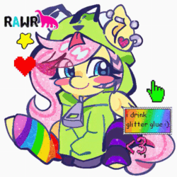 Size: 500x500 | Tagged: safe, artist:applepums, imported from derpibooru, fluttershy, dinosaur, pegasus, pony, animated, antonymph, big ears, blue eyes, blush sticker, blushing, chibi, clothes, colored pinnae, cute, dyed mane, ear piercing, earring, eye clipping through hair, floating heart, fluttgirshy, folded wings, gif, gir, glitter, heart, heart earring, hoodie, industrial piercing, invader zim, jewelry, mismatched socks, mouse cursor, piercing, pink mane, pink tail, raccoon stripes, rainbow socks, raised leg, rawr, shiny mane, shiny tail, shyabetes, simple background, sitting, smiling, socks, solo, sparkly mane, sparkly tail, stamp, stars, striped socks, tail, teal eyes, vylet pony, white background, wingding eyes, wings, yellow coat