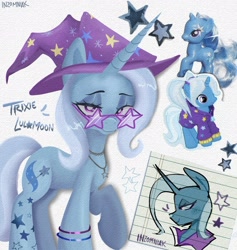 Size: 1820x1920 | Tagged: safe, artist:inzomniak, imported from derpibooru, trixie, pony, unicorn, alternate hairstyle, babysitter trixie, clothes, doll, female, gameloft, glasses, hat, hoodie, horn, jewelry, lidded eyes, lined paper, looking at you, mare, my little pony: magic princess, name, necklace, raised hoof, signature, simple background, smiling, smiling at you, solo, star glasses, stars, toy, trixie's hat, white background, white pupils, wristband