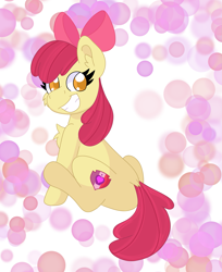 Size: 1951x2388 | Tagged: safe, artist:cinematic-fawn, imported from derpibooru, apple bloom, earth pony, pony, abstract background, bow, chest fluff, ear fluff, grin, sitting, smiling, solo