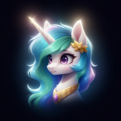 Size: 1328x1328 | Tagged: safe, imported from derpibooru, princess celestia, alicorn, pony, ai content, ai generated, beautiful, black background, bust, chest fluff, cute, ear fluff, eyebrows, eyebrows visible through hair, female, generator:bluefox mix, generator:stable diffusion, glowing, glowing horn, glowing mane, horn, jewelry, light, magic, mare, peytral, portrait, prompter:adorablebluefox, regalia, simple background, solo, upper body, wingless