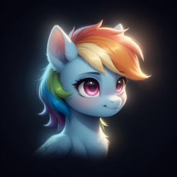 Size: 1328x1328 | Tagged: safe, imported from derpibooru, rainbow dash, pegasus, pony, ai content, ai generated, beautiful, black background, blush lines, blushing, bust, chest fluff, cute, dashabetes, ear fluff, eyebrows, eyebrows visible through hair, female, generator:bluefox mix, generator:stable diffusion, glowing, light, mare, portrait, prompter:adorablebluefox, simple background, smiling, solo, upper body, wings