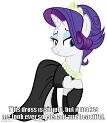 Size: 500x576 | Tagged: safe, artist:cheezedoodle96, imported from derpibooru, rarity, pony, unicorn, the gift of the maud pie, audrey hepburn, breakfast at tiffany's, caption, clothes, dress, female, holly golightly, horn, image macro, imgflip, jewelry, mare, necklace, text