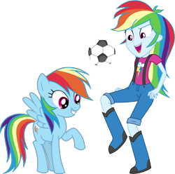 Size: 4580x4550 | Tagged: safe, artist:octosquish7260, imported from derpibooru, rainbow dash, human, pegasus, pony, equestria girls, boots, braces, clothes, denim, female, football, human ponidox, jeans, pants, self paradox, self ponidox, shirt, shoes, show accurate, simple background, sports, suspenders, t-shirt, teenager, transparent background, wings, younger