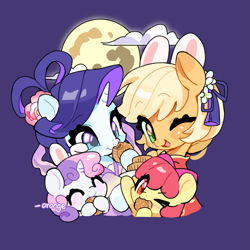Size: 3521x3521 | Tagged: safe, artist:chengzi82020, imported from derpibooru, apple bloom, applejack, rarity, sweetie belle, earth pony, pony, unicorn, alternate hairstyle, apple sisters, blushing, bunny ears, cheongsam, clothes, cookie, dress, eating, female, filly, foal, food, hanfu, horn, lesbian, mare, mid-autumn festival, moon, mooncake, one eye closed, open mouth, purple background, raised hoof, rarijack, robe, shipping, siblings, simple background, sisters, wink