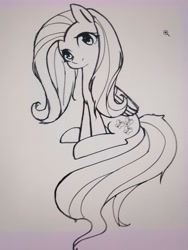 Size: 2177x2899 | Tagged: safe, artist:37240622, imported from derpibooru, fluttershy, pegasus, pony, female, mare, sitting, sketch, smiling, solo