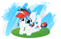 Size: 2700x1750 | Tagged: safe, artist:fakkajohan, imported from derpibooru, oc, oc only, oc:retro city, pegasus, pony, cute, female, grass, looking at you, lying down, simple background, smiling, solo