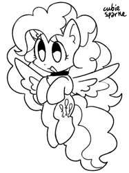 Size: 500x670 | Tagged: safe, artist:cutiesparke, imported from derpibooru, pinkie pie, pegasus, pony, chest fluff, choker, ear fluff, female, flying, happy, monochrome, open mouth, pegasus pinkie pie, race swap, raised hoof, raised hooves, signature, simple background, solo, spread wings, white background, wings