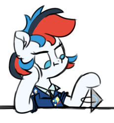 Size: 679x731 | Tagged: safe, artist:fakkajohan, imported from derpibooru, oc, oc only, oc:retro city, pegasus, pony, bored, clothes, female, holding head, simple background, sitting, solo, uniform, white background, wonderbolts dress uniform, wonderbolts uniform