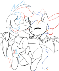 Size: 1911x2292 | Tagged: safe, artist:fakkajohan, imported from derpibooru, oc, oc only, oc:johan, oc:retro city, bat pony, pegasus, pony, bat pony oc, bat wings, bow, bowtie, duo, eyes closed, female, hair bow, hug, male, missing cutie mark, simple background, spread wings, white background, wings