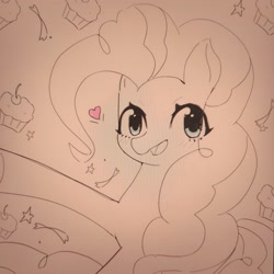 Size: 3197x3198 | Tagged: safe, artist:37240622, imported from derpibooru, pinkie pie, earth pony, pony, female, mare, open mouth, open smile, sketch, smiling, solo