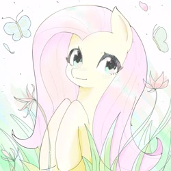 Size: 3000x3000 | Tagged: safe, artist:37240622, imported from derpibooru, fluttershy, butterfly, pegasus, pony, cute, female, flower, grass, mare, pink mane, shyabetes, smiling, solo, yellow coat