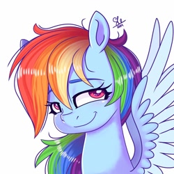 Size: 1024x1024 | Tagged: safe, artist:galaxy swirl, imported from derpibooru, rainbow dash, pegasus, pony, bust, eyebrows, eyebrows visible through hair, faic, lidded eyes, simple background, smug, smugdash, solo, spread wings, white background, wings