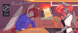 Size: 7000x3000 | Tagged: safe, artist:chapaevv, imported from derpibooru, oc, oc:arucordu, oc:noelle, anthro, comic:stay after closing, bar, clothes, commission, duo, eyes closed, female, male, red hair, text