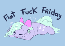 Size: 7016x4961 | Tagged: safe, artist:cutepencilcase, imported from derpibooru, flitter, pegasus, pony, absurd resolution, blue background, eyes closed, flat fuck friday, flop, lying down, prone, simple background, solo, sploot, tongue out, vulgar