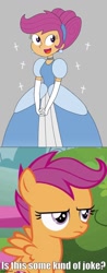 Size: 500x1279 | Tagged: safe, artist:rarity525, edit, edited screencap, imported from derpibooru, screencap, scootaloo, human, pegasus, pony, caption, cinderella, clothes, dress, gown, image macro, imgflip, reaction to own portrayal, scootaloo is not amused, text, unamused