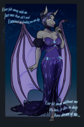 Size: 2434x3684 | Tagged: safe, artist:blackblood-queen, imported from derpibooru, oc, oc only, oc:salem sonata, anthro, bat pony, unguligrade anthro, anthro oc, bat pony oc, bat wings, breasts, busty oc, choker, cleavage, clothes, commission, dialogue, digital art, dress, eyeshadow, female, jewelry, lipstick, looking at you, lyrics, makeup, microphone, nightwish, singing, solo, text, wings
