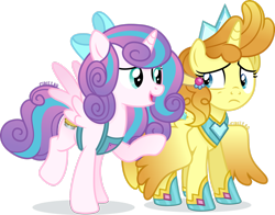 Size: 1920x1502 | Tagged: safe, artist:cirillaq, imported from derpibooru, princess flurry heart, pumpkin cake, alicorn, pony, alicornified, apron, clothes, crystal crown (object), cutie mark swap, duo, female, hoof shoes, jewelry, looking at each other, looking at someone, mare, older, peytral, princess shoes, pumpkincorn, race swap, regalia, simple background, transparent background, wings, wings down