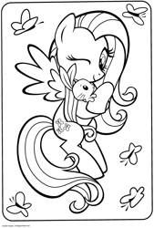 Size: 1280x1892 | Tagged: safe, imported from derpibooru, angel bunny, fluttershy, butterfly, pegasus, pony, rabbit, angelbetes, animal, black and white, coloring book, coloring page, cute, duo, duo male and female, female, flying, grayscale, looking at each other, looking at someone, male, mare, monochrome, official, one eye closed, shyabetes, simple background, smiling, smiling at each other, spread wings, white background, wings