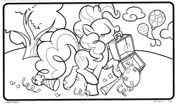 Size: 1892x1115 | Tagged: safe, imported from derpibooru, pinkie pie, earth pony, pony, balloon, black and white, coloring book, coloring page, confetti, eyes closed, female, grayscale, hat, mare, monochrome, mouth hold, official, outdoors, party hat, solo, streamers, tree, walking