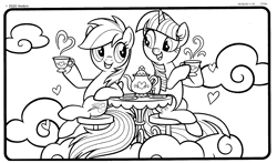 Size: 1903x1117 | Tagged: safe, imported from derpibooru, rainbow dash, twilight sparkle, alicorn, pegasus, pony, cloud, coloring book, coloring page, cup, duo, duo female, female, folded wings, grin, heart, hoof hold, leaning back, looking at each other, looking at someone, mare, official, open mouth, open smile, plate, sitting, smiling, steam, stool, table, tablecloth, tea party, teacup, teapot, wings