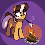 Size: 560x560 | Tagged: safe, artist:thebatfang, oc, oc:s'mare, earth pony, food pony, original species, pony, animated, campfire, female, food, mare, marshmallow, mouth hold, ponified, simple background, solo