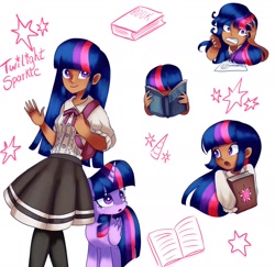 Size: 1798x1748 | Tagged: safe, artist:andromedasparkz, imported from derpibooru, twilight sparkle, alicorn, human, pony, backpack, book, bowtie, clothes, female, gritted teeth, humanized, mare, open mouth, reading, shirt, simple background, skirt, socks, solo, stockings, teeth, thigh highs, twilight sparkle (alicorn), vest, white background