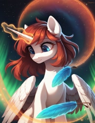 Size: 1792x2304 | Tagged: safe, imported from derpibooru, oc, oc only, oc:fausticorn, alicorn, pony, ai content, ai generated, aurora borealis, feather, female, generator:pony diffusion v6 xl, generator:stable diffusion, horn, looking down, magic, mare, night, prompter:ramprover, slender, solo, stars, telekinesis, thin, wings