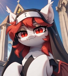 Size: 2048x2304 | Tagged: safe, imported from derpibooru, oc, oc only, oc:ldred, bat pony, ai content, ai generated, church, clothes, cute, ear fluff, ear tufts, fangs, female, generator:pony diffusion v6 xl, generator:stable diffusion, lidded eyes, long eyelashes, looking at you, mare, nun, prompter:ramprover, smiling, smiling at you, wings