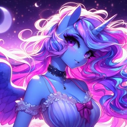 Size: 1024x1024 | Tagged: safe, imported from derpibooru, oc, oc only, alicorn, anthro, adorasexy, ai content, ai generated, alicorn oc, beautiful, big breasts, bow, breasts, busty oc, choker, collar, cute, female, frilly, head tilt, horn, night, prompter:horselover fat, sexy, solo, wings