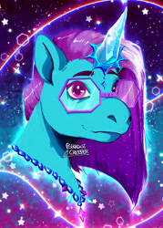 Size: 1729x2410 | Tagged: safe, artist:polkadotcreeper, imported from derpibooru, pony, 2024, auroricorn, bust, comet (g5), g5, glasses, horn, jewelry, male, necklace, portrait, signature, smiling, solo, stallion
