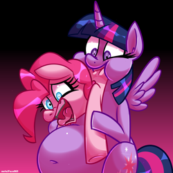 Size: 4000x4000 | Tagged: safe, artist:metalface069, imported from derpibooru, pinkie pie, twilight sparkle, alicorn, earth pony, pony, belly, belly blush, big belly, bipedal, commission, duo, duo female, fat, female, gradient background, pinkie prey, twilight sparkle (alicorn), twipred, vore