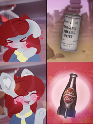Size: 4096x5461 | Tagged: safe, artist:sodapop sprays, imported from derpibooru, oc, oc only, oc:skyfire lumia, pegasus, pony, fallout equestria, blushing, chest fluff, clothes, disappointed, ear fluff, fallout, happy, hotline bling, jumpsuit, meme, nuka cola, solo, vault suit, wasteland, water
