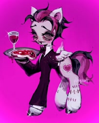 Size: 1660x2048 | Tagged: safe, artist:p0nyplanet, imported from derpibooru, oc, oc only, oc:oopsie doodle, pegasus, pony, alcohol, blood, facial hair, food, glass, meat, moustache, pink background, simple background, solo, stitches, waiter, wine, wine glass
